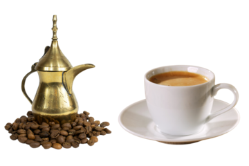 Traditional arabic coffee pot made of brass surrounded by coffee beans next to a white cup of espresso on a saucer against a perfect for coffee lovers and cultural enthusiasts on transparent backgroun