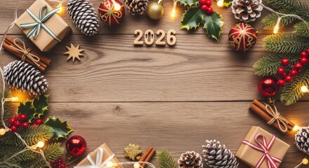 Happy New Year 2026 and Christmas frame. Festive decorations, gifts, lights, and spices on rustic wood background. Top view flat lay with copy space for holiday greeting card, banner, or winter celebr