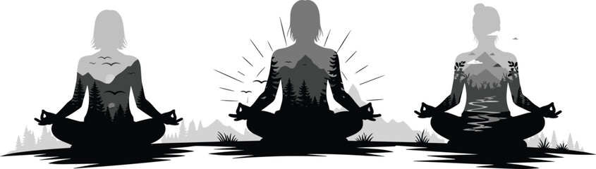 Meditation silhouette double exposure, nature mindfulness vector, yoga pose, forest landscape, mountain river, birds flying, inner peace, spiritual energy rays