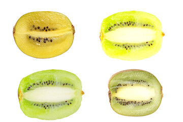 Sliced kiwi fruits showcasing vibrant yellow and green flesh with tiny black seeds against a ideal for healthy eating and tropical fruit concepts on transparent background