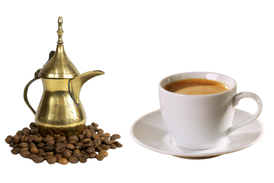 Traditional arabic coffee pot made of brass surrounded by coffee beans next to a white cup of espresso on a saucer against a perfect for coffee lovers and cultural enthusiasts on transparent backgroun