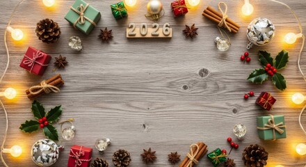Happy New Year 2026 and Christmas frame. Festive decorations, gifts, lights, and spices on rustic wood background. Top view flat lay with copy space for holiday greeting card, banner, or winter celebr