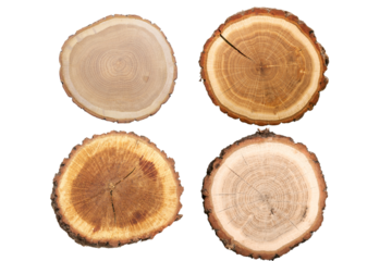 Four tree trunk slices showcase natural wood grain patterns and textures ideal for rustic decor woodworking projects or educational resources about tree rings and forest ecology on transparent backgro