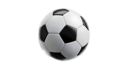A classic soccer ball isolated on a neutral background. The ball features a black and white pentagonal design, a symbol of sport and competition.