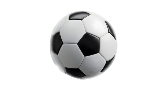 A classic soccer ball isolated on a neutral background. The ball features a black and white pentagonal design, a symbol of sport and competition.