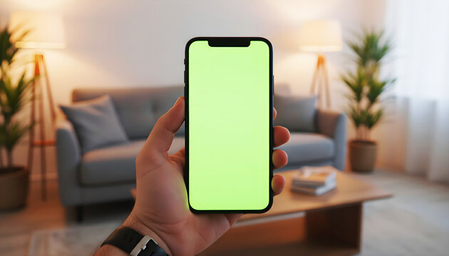 Hand Holding Smartphone with Green Screen in Modern Minimalist Room – Editable Mobile Mockup for App UI/UX, Digital Content Preview, and Technology Display