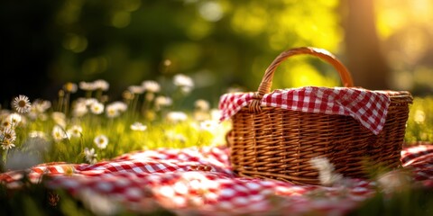 The picnic basket on a gingham blanket in a sunlit meadow