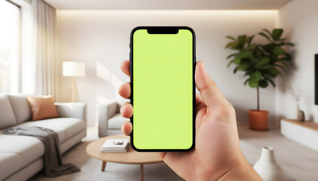 Holding Smartphone with Green Screen in Bright Modern Home – Versatile Mobile Mockup for App Showcase, UI/UX Preview, and Digital Interface Presentation