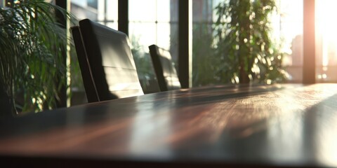 The conference table bathed in warm sunlight by large windows with empty chairs