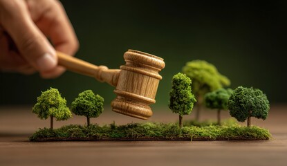 A wooden gavel is held over a miniature forest scene, symbolizing environmental law and the importance of nature conservation in legal proceedings and decision-making processes