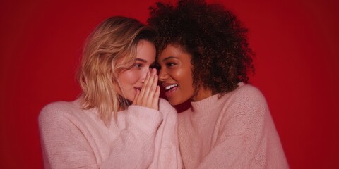 The women sharing a secret and laughing together in cozy pink sweaters