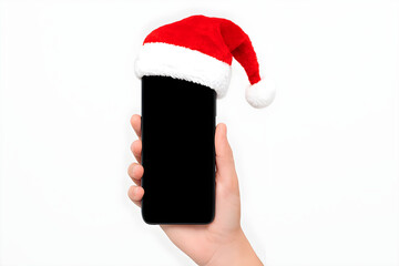 Phone in Hand with Santa Claus Hat for Christmas Isolated on Transparent Background