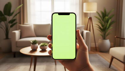 Hand Holding Smartphone with Green Screen in Stylish Minimalist Living Room – High-Quality Mobile Mockup for App UI/UX Display, Digital Interface Presentation, and Modern Technology Showcase