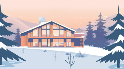 Fototapeta premium Flat style illustration of a cozy ski lodge surrounded by snow-covered mountains and pine trees