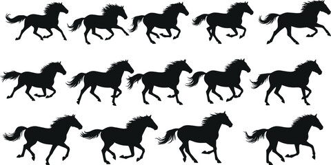 Horse galloping motion, silhouette sequence, equine biomechanics, animal movement study, dynamic poses, black vector illustration, animation frames, flat vector illustration