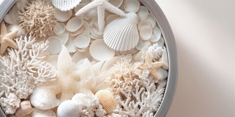 The Seashells and Coral Decorative Tray Arranged on a Neutral Surface for Coastal Style