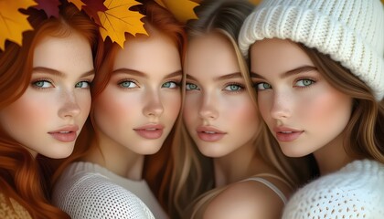 Elegant composition of four fair-skinned women with green eyes and subtle autumn accents