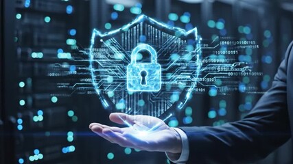 Sophisticated cybersecurity protection with digital shield hovering over hand in a dynamic server room environment, ideal for tech security ads - Powered by Adobe