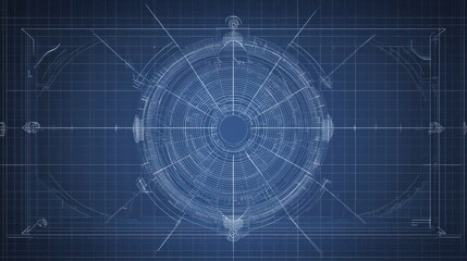 Futuristic Blueprint Schematic with Intricate Circular Design and Digital Grid Background for Technology and Engineering Concepts