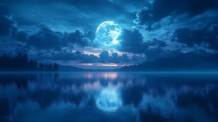 Moonlit lake landscape view color