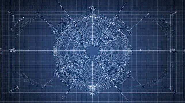 Futuristic Blueprint Schematic with Intricate Circular Design and Digital Grid Background for Technology and Engineering Concepts