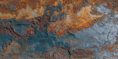 The Rusted Metal Surface Covered in Blue Paint and Orange Corrosion Texture Close-Up