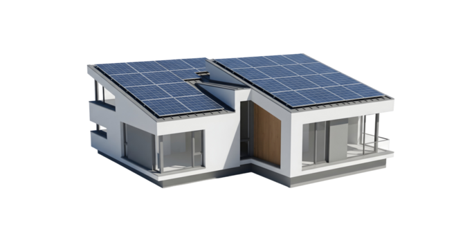 A modern house with solar panels on the roof, isolated on transparent background