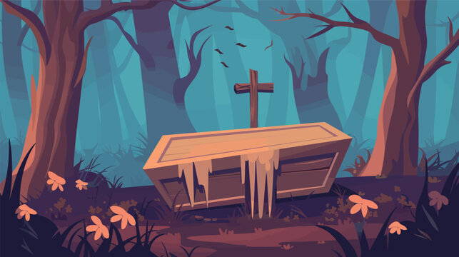 Scary coffin with cross vector flat design