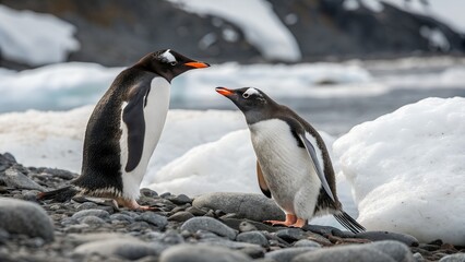 Fototapeta premium Pair of Gentoo Penguins on Pebbles with Snowy Background – Wildlife Scene.