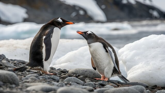 Pair of Gentoo Penguins on Pebbles with Snowy Background – Wildlife Scene. - Powered by Adobe