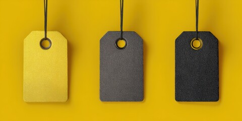 The Hanging Price Tags on Yellow Background for Minimal Retail Branding and Mockup
