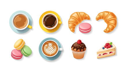 Assorted pastries and coffee drinks arranged on a white background latte cappuccino