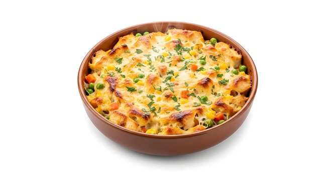 A casserole dish with chicken and vegetables isolated on white background