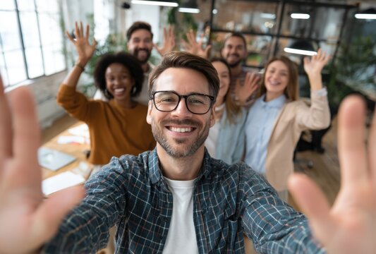 A diverse group of cheerful colleagues gathers together, extending their hands towards the camera in a gesture of unity and camaraderie, creating a vibrant and engaging atmosphere
