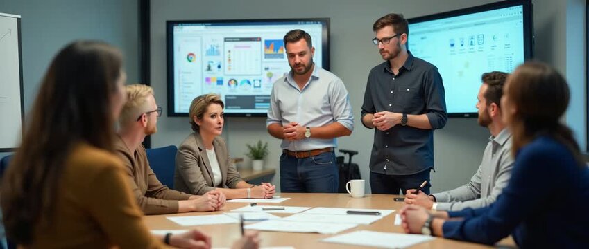 Dynamic office meeting with professionals discussing strategy; camera gracefully pans across engaged team, digital screens flicker with updates, creating a collaborative, cinematic atmosphere. - Powered by Adobe
