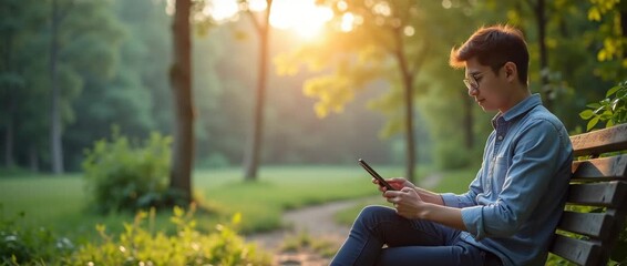 Young man on park bench using smartphone, gentle breeze sways trees, camera slowly pans across lush greenery, cinematic and serene atmosphere, ideal for technology and lifestyle themes.