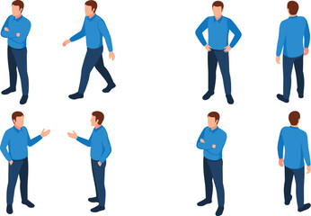 Businessman character set in different poses, office worker in blue shirt and dark pants, professional standing walking talking illustration