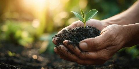 The Seedling Cradled in Caring Hands Holding Soil Under Warm Sunlight