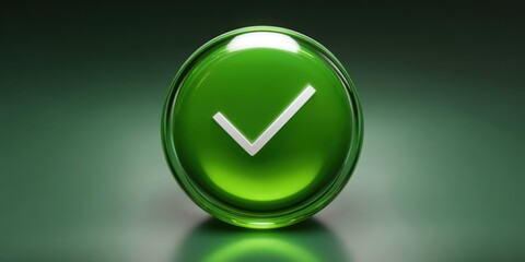 The Green Check Mark Button Symbolizing Success Approval Verification On Glossy Studio Background
