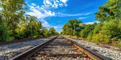 The Railroad Tracks Leading Through Lush Green Forest Under A Bright Blue Sky