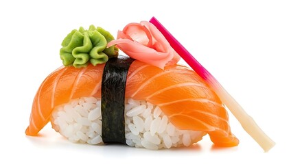 Salmon sushi nigiri with wasabi and ginger isolated on white background