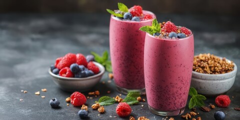 The Berry Smoothie Glasses with Fresh Berries, Mint and Crunchy Granola
