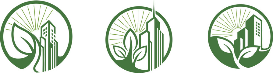 Obraz premium Eco green city logo design collection, sustainable urban building with leaves, renewable energy concept, modern environmental architecture symbol
