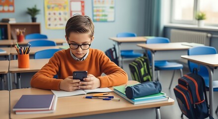 Young Student Engaged with Smartphone in Classroom Setting Immersed in the Digital World During Scho.jpg