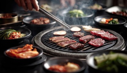 A close-up shot captures the sizzling spectacle of Korean barbecue, with various cuts of meat grilling on a hot plate alongside an assortment of side dishes, creating a flavorful culinary experience