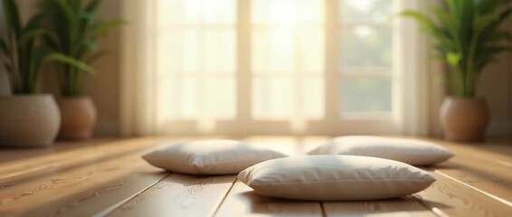 Sunlit minimalist living room with soft cushions on wooden floor, gentle ambient light flickers, slow panning camera, creating a serene, cozy atmosphere ideal for interior design inspiration.