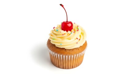 A cupcake with yellow frosting and cherry isolated on white background