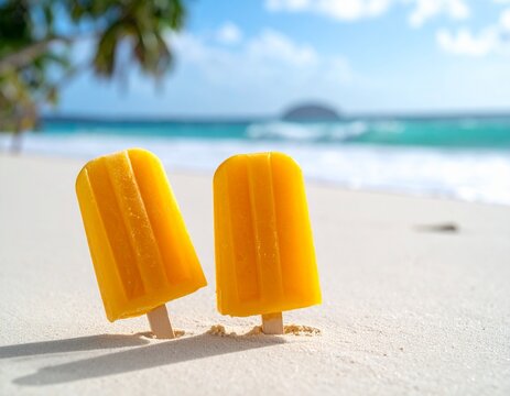화이트 샌드 비치 위 망고 아이스바 두 개와 여름 해변 풍경 Two mango popsicles on white sand with a tropical beach background