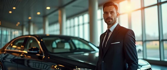 Confident businessman in a sleek suit stands beside a luxury car as evening light casts a warm glow through large windows; camera gently pans, creating a cinematic and elegant ambiance.