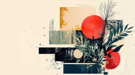 Contemporary Mixed Media Abstract Art with Red Circle, Geometric Blocks, Textured Teal and Gold Hues, Botanical Silhouettes, and Paint Splatters on a Cream Background